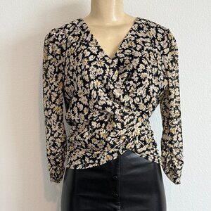 ASTR The Label Black Yellow Floral Blouse V Neck Wrapped Design Romantic Whimsy